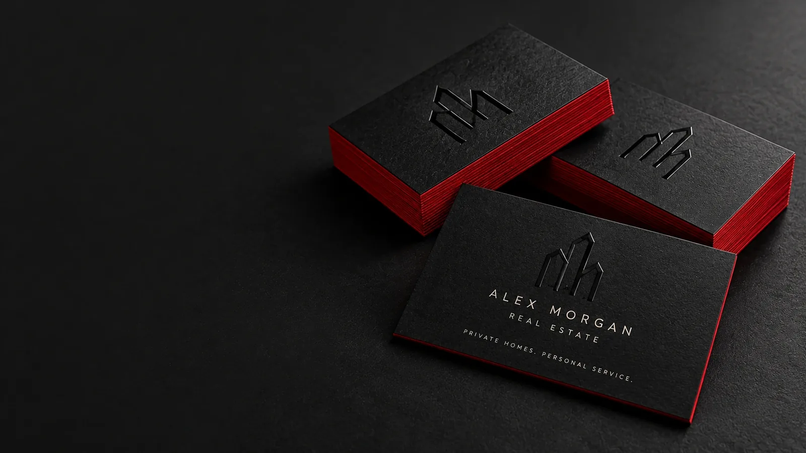 Luxury realtor business cards in charcoal stock with red painted edges and a raised architectural monogram