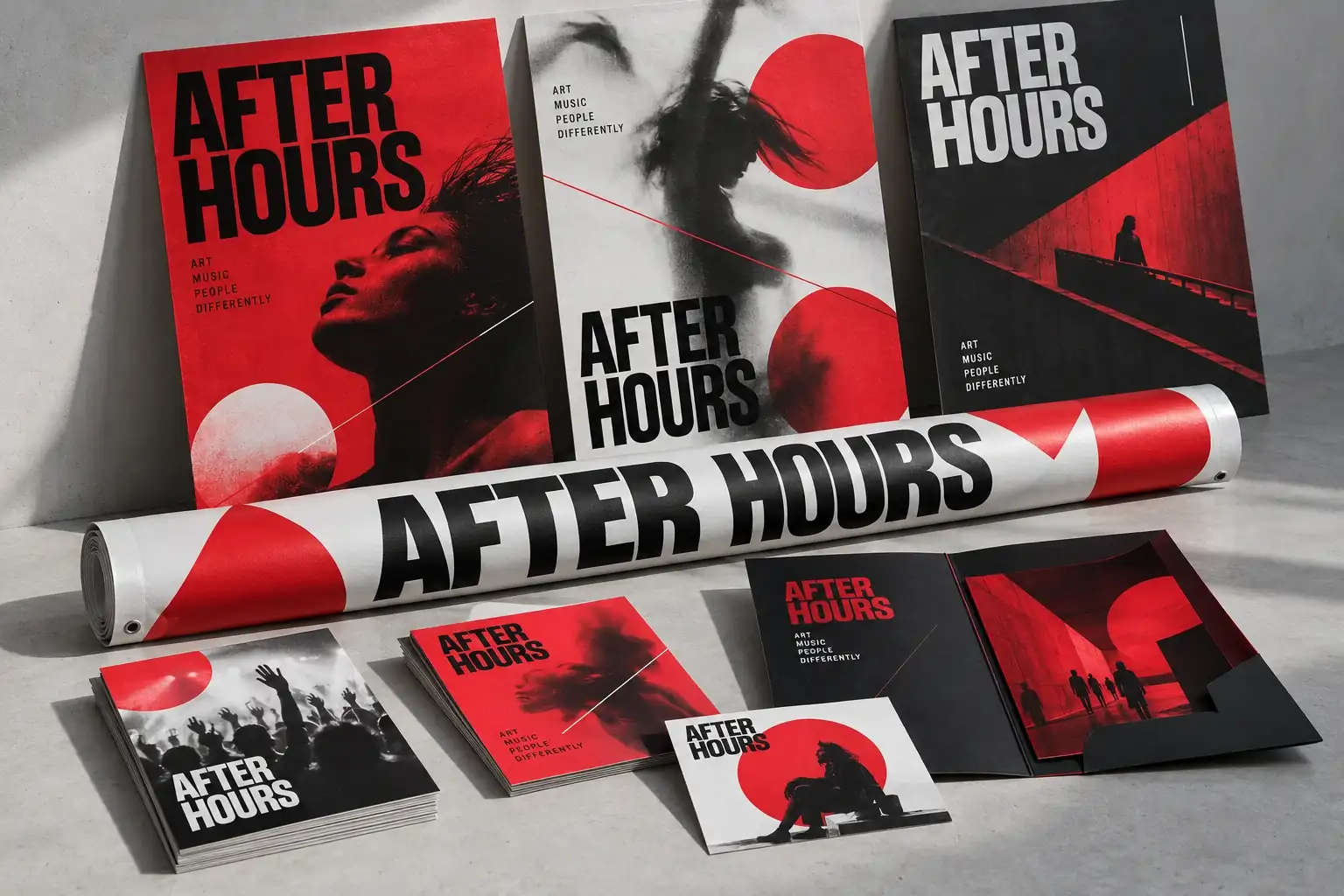 After Hours event posters, a large banner, postcards and a presentation folder with bold red and charcoal designs